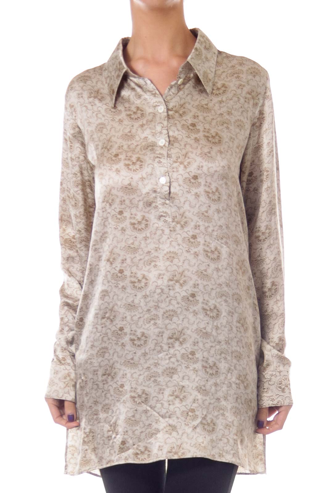 Army Green Flower Print Silk Blouse