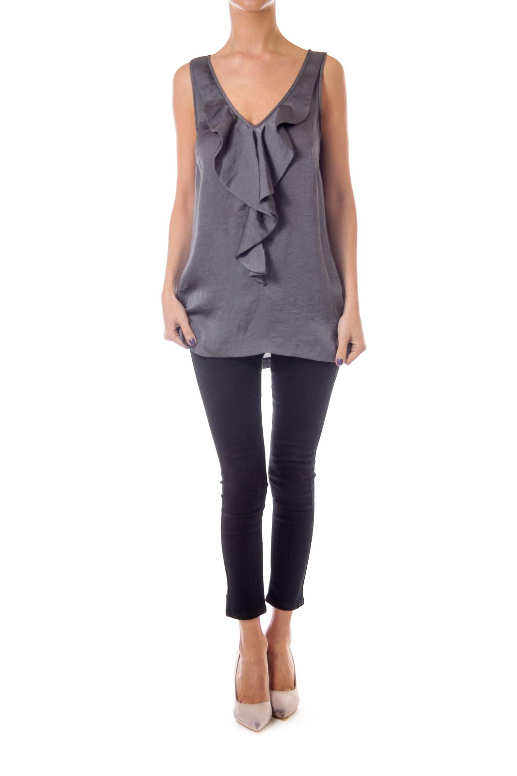 Gray Ruffle Sleeveless Blouse