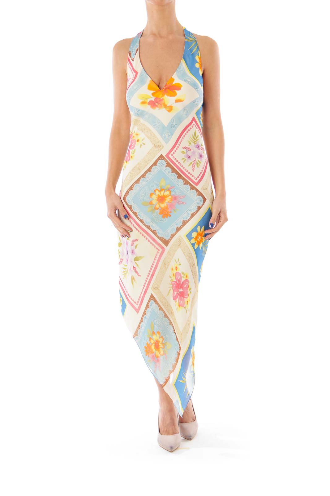 Beige Flower Print Halter Dress