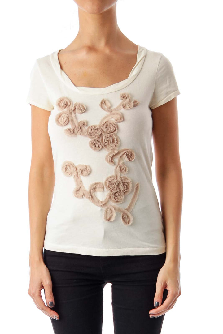 Ivory & Beige Flower Detail Short Sleeve Top
