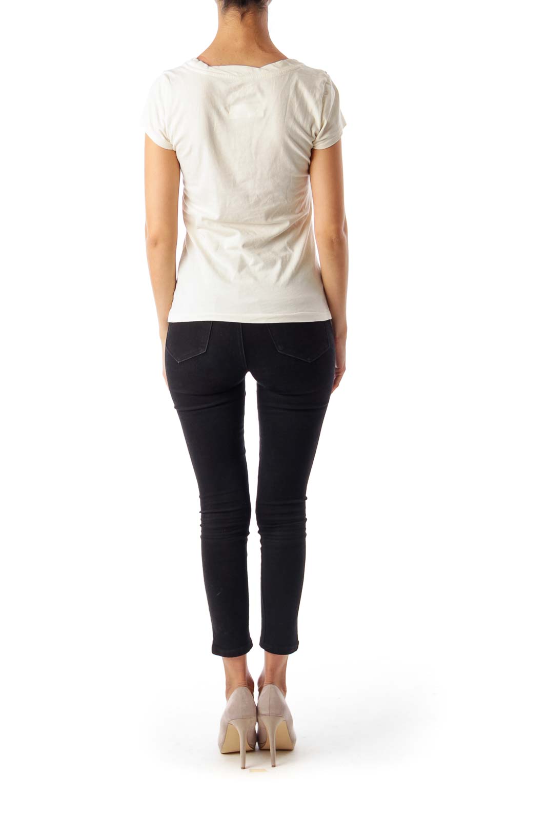 Ivory & Beige Flower Detail Short Sleeve Top