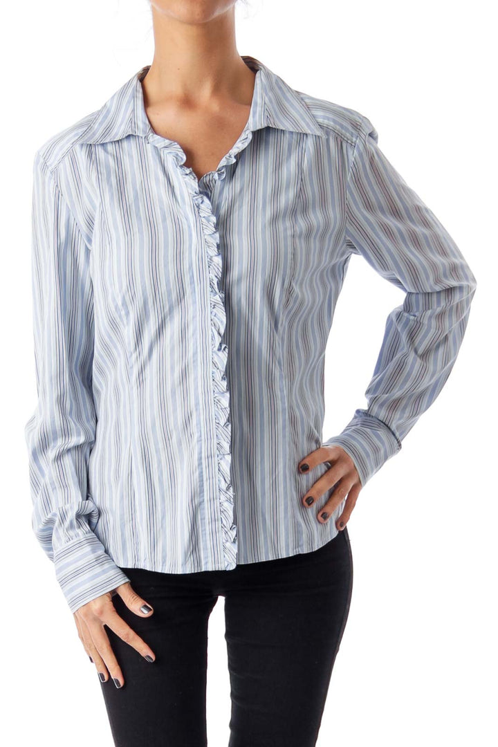 Blue Stripe Frilled Detail Shirt