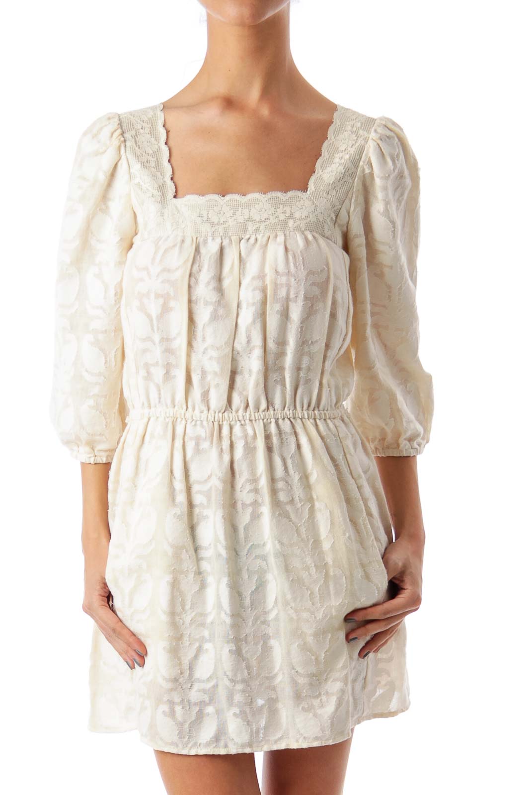 knee length dresses for ladies Cream Flower Embroidered A-Line Dress