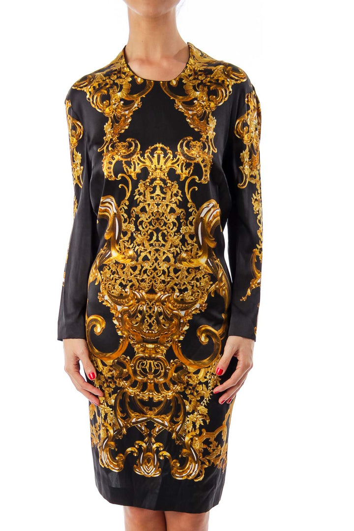 Black & Gold Print Silk Dress