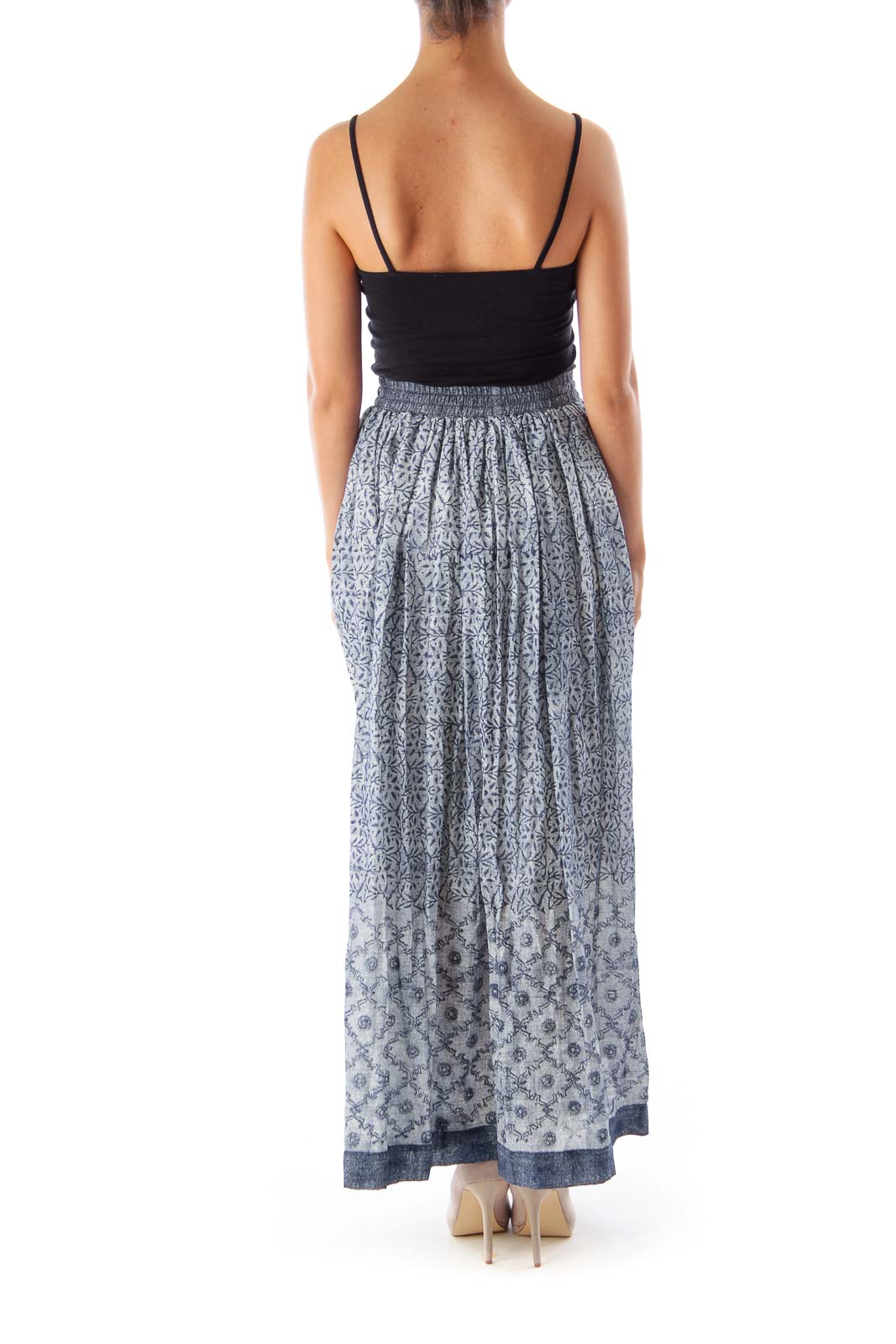 Blue Printed Elasticated Waist Long Skirt
