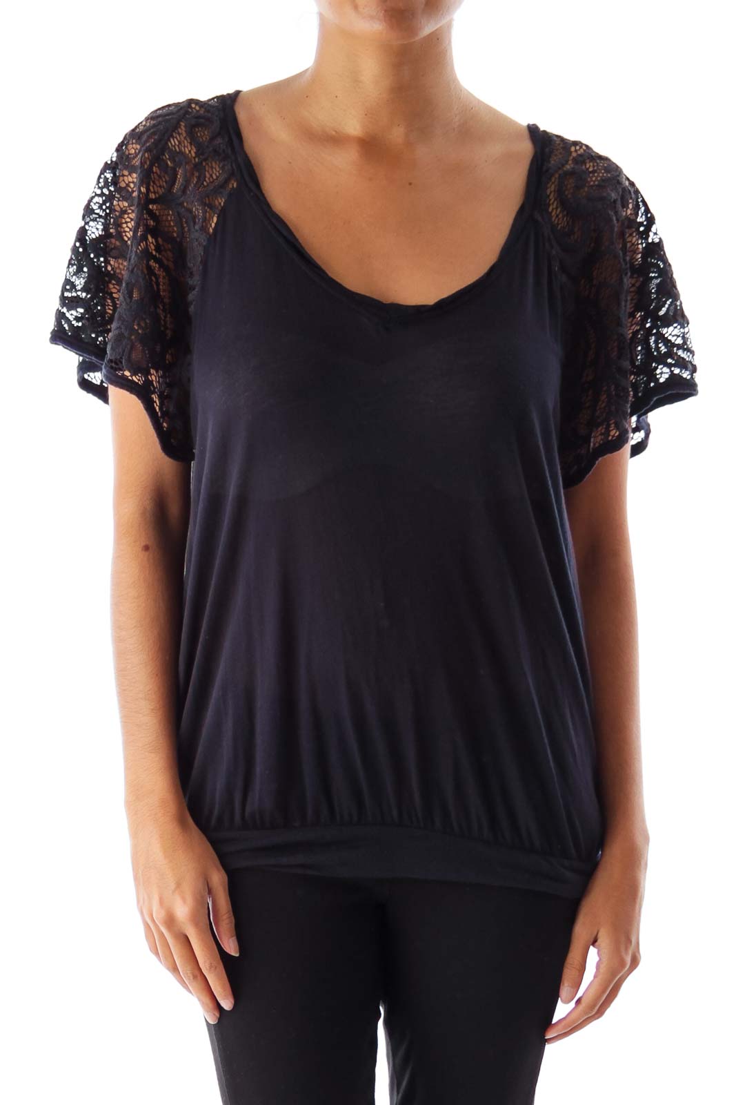 Front view of Free People black top with lace sleeves and scoop neckline