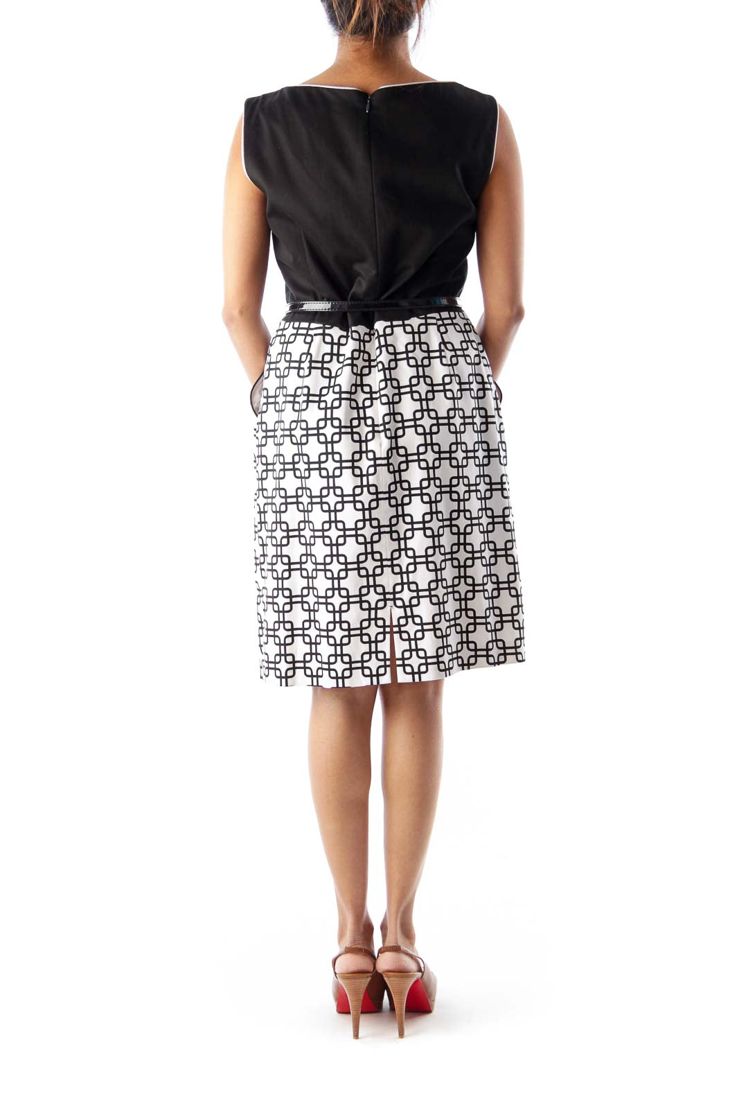 Black & Beige Belted Dress