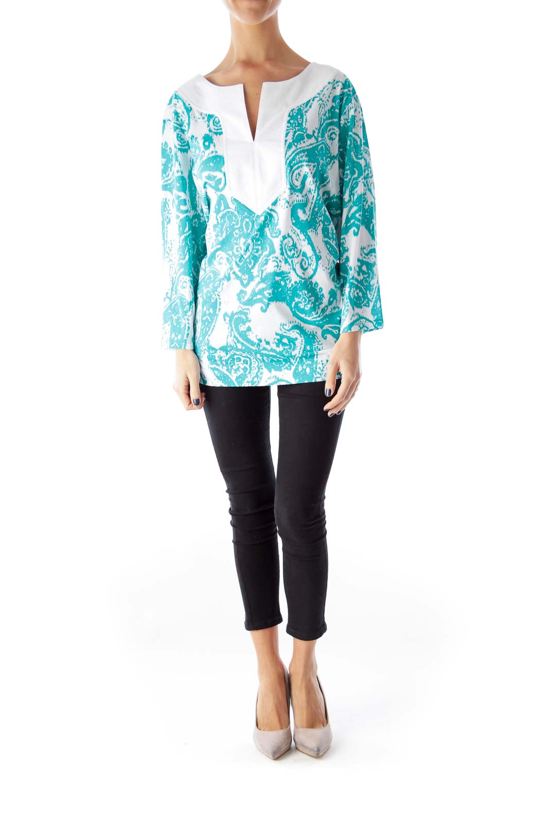 Green & White Print Blouse