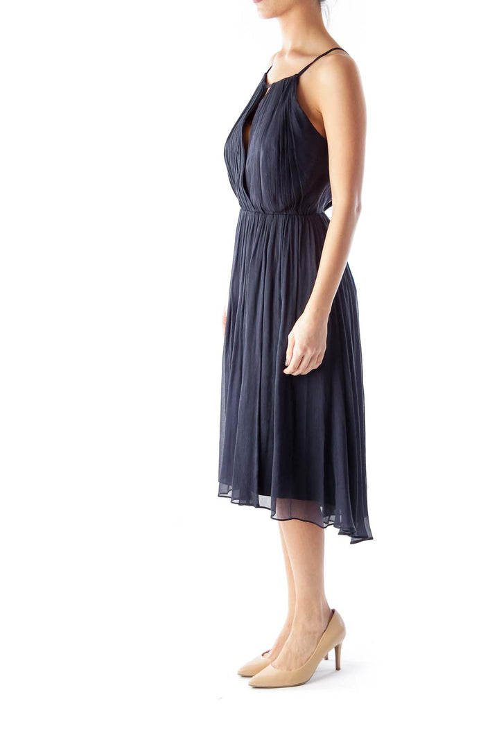 Navy Silk Pleated Dress