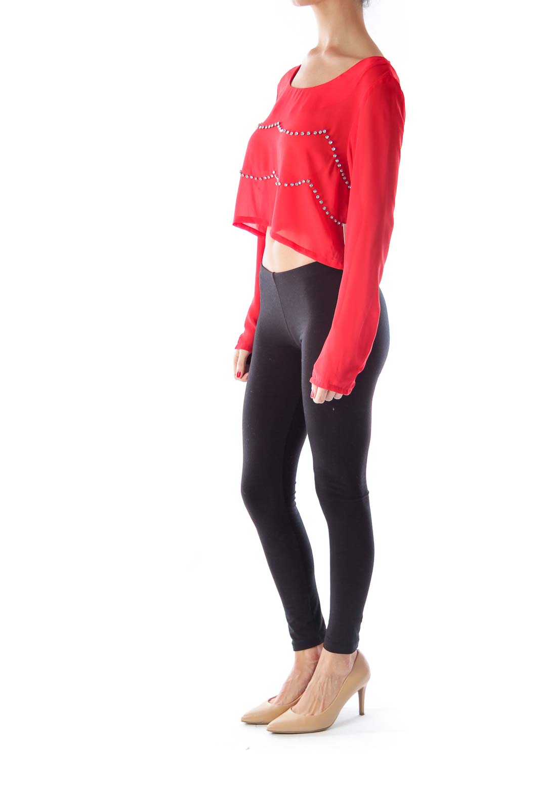 Red Long Sleeve Crop Blouse