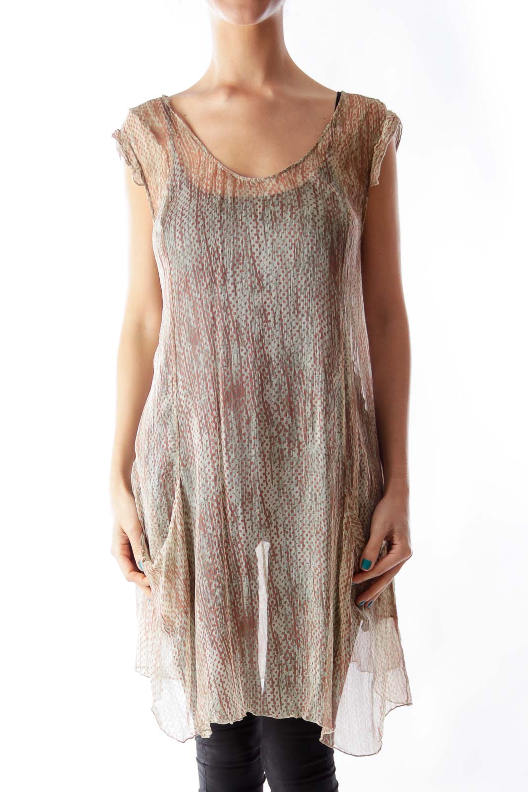 Beige Print See Through Dress
