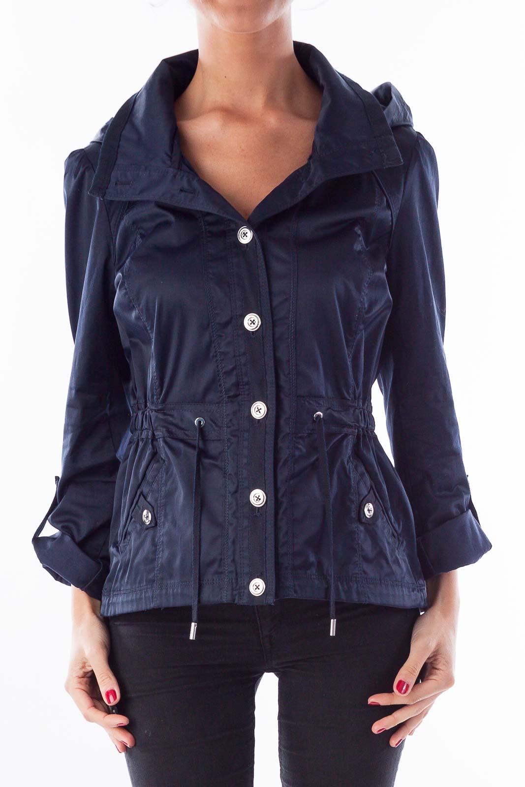 Navy Satin Hooded Jacket
