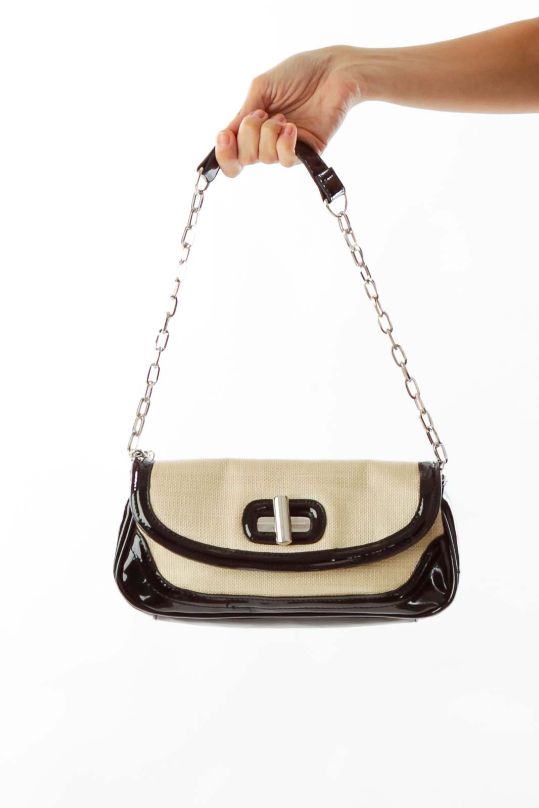 Beige & Black Patent & Woven Shoulder Bag