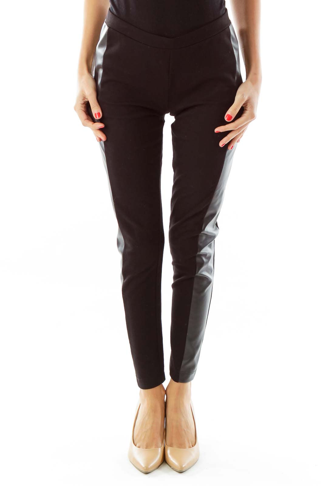 Black Faux-Leather Trim Leggings