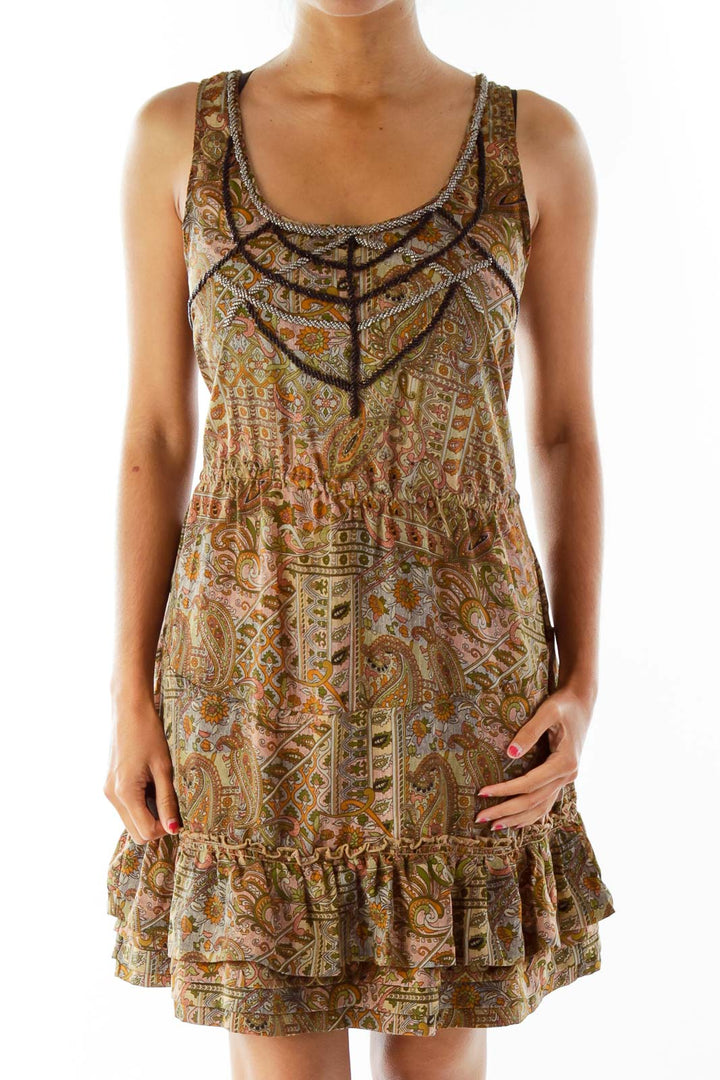 Olive Green Print Embroidered Dress