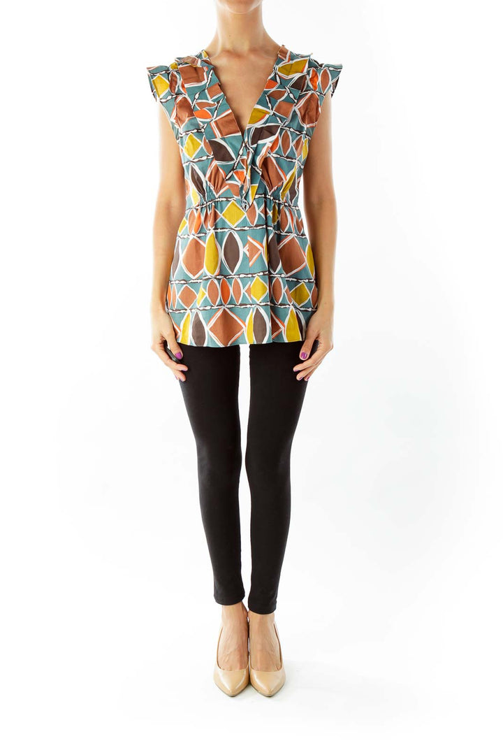 Brown Printed V-Neck Scrunch Top