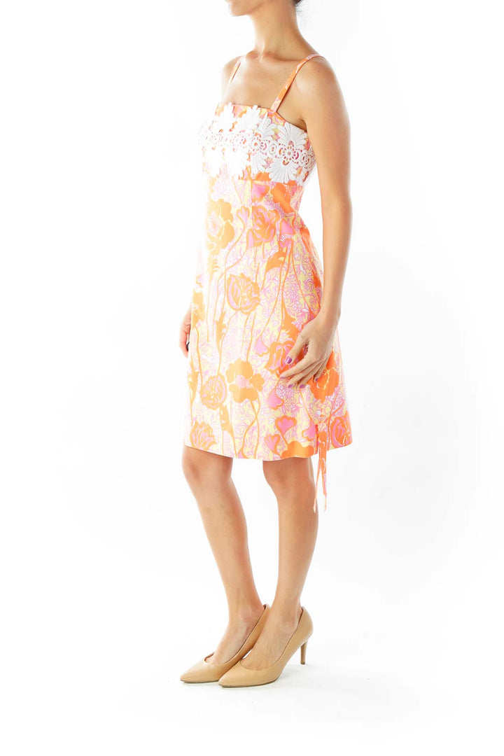 Pink Orange Embroidered Detail Day Dress