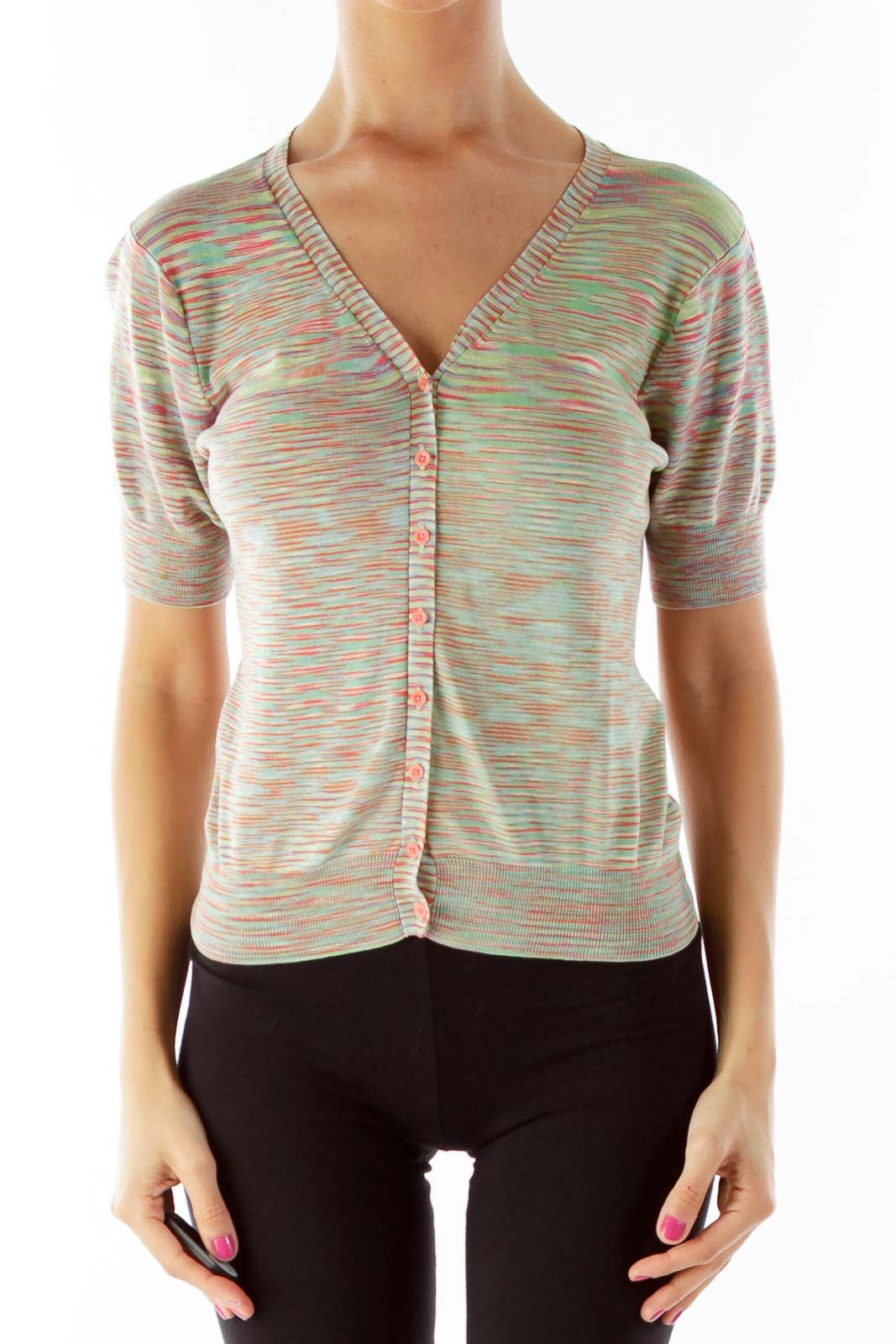 Green Striped Short Sleeve Cardigan