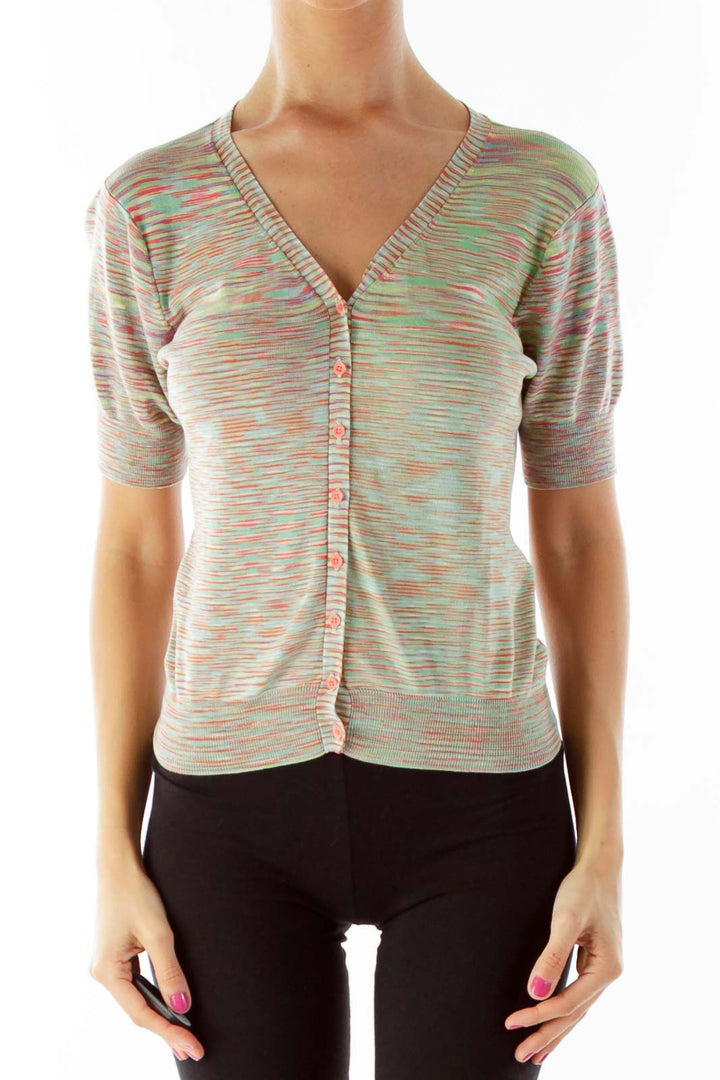 Green Striped Short Sleeve Cardigan