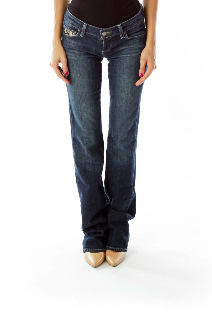 Navy Embroidered Wide-Leg Jeans