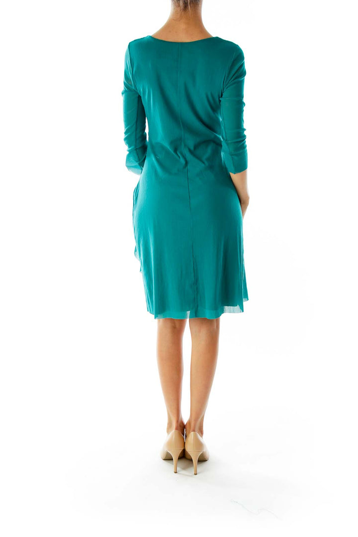 Green Patina Day Dress With Ruffle Wrap