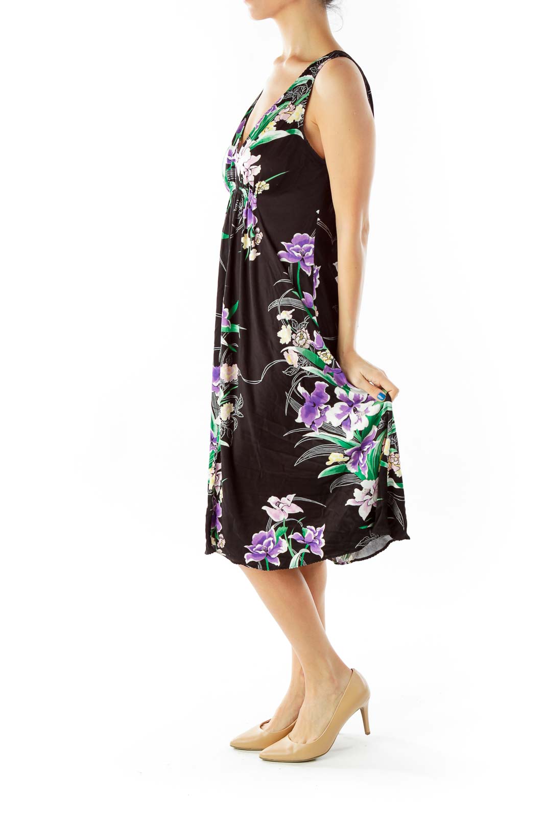 Black Multicolor Flower Print Loose V-Neck Dress