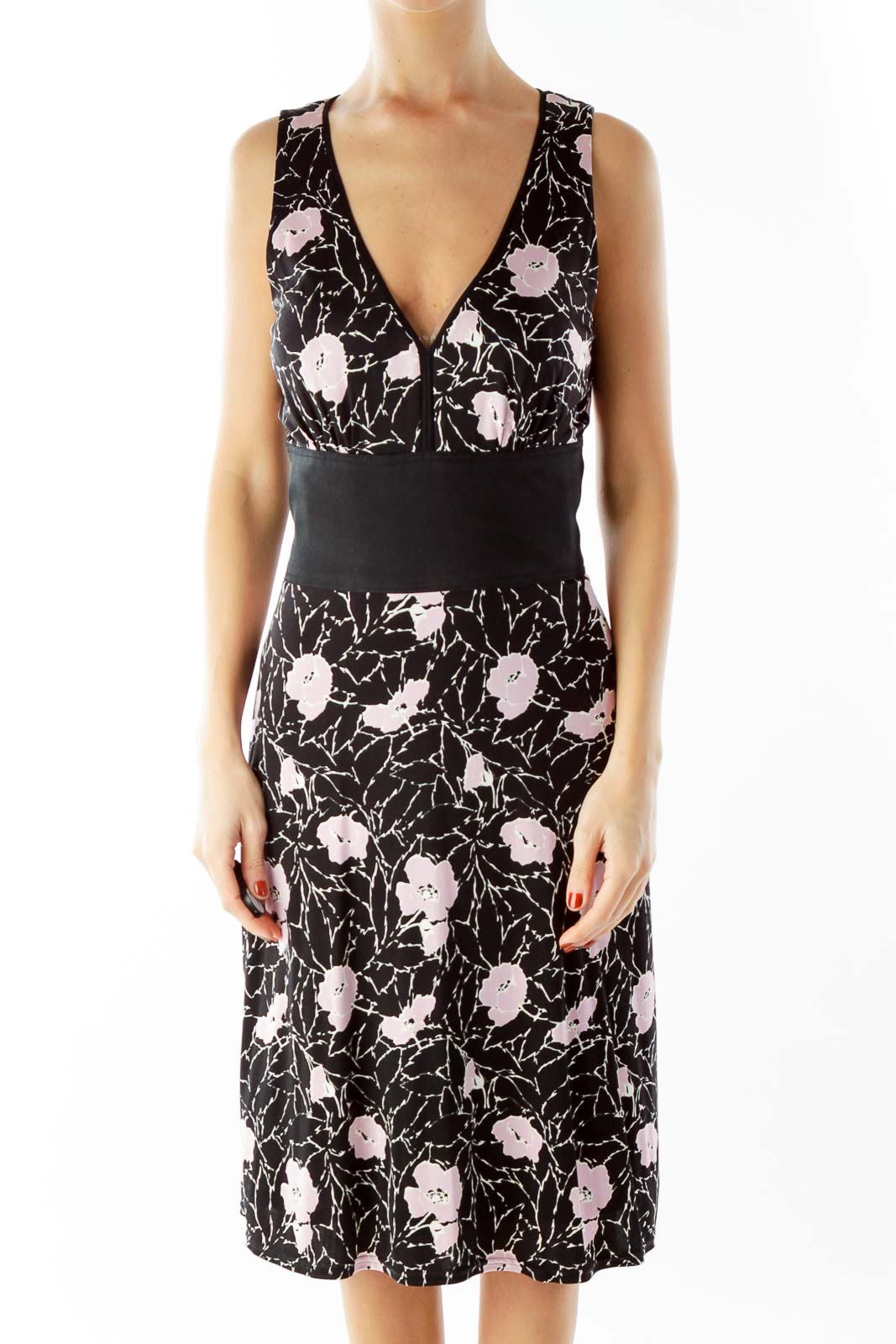 Black Pink White Flower Print Belted Day Dress