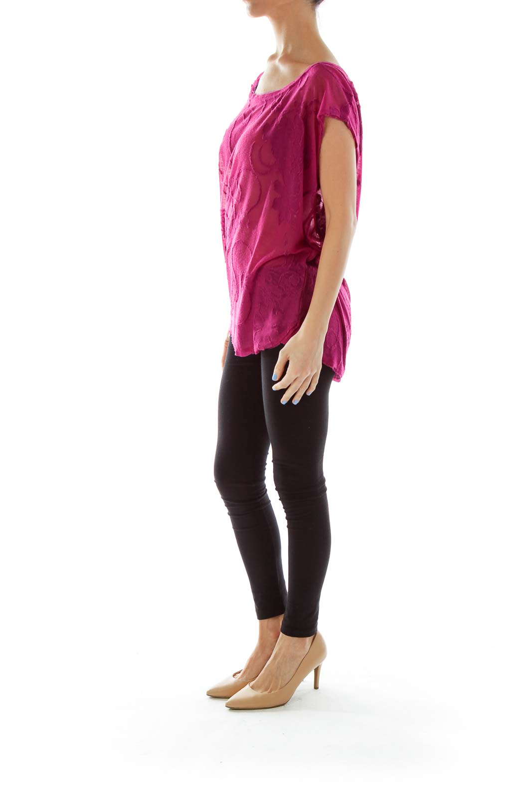 Front view of Free People magenta embroidered cap sleeve top on model