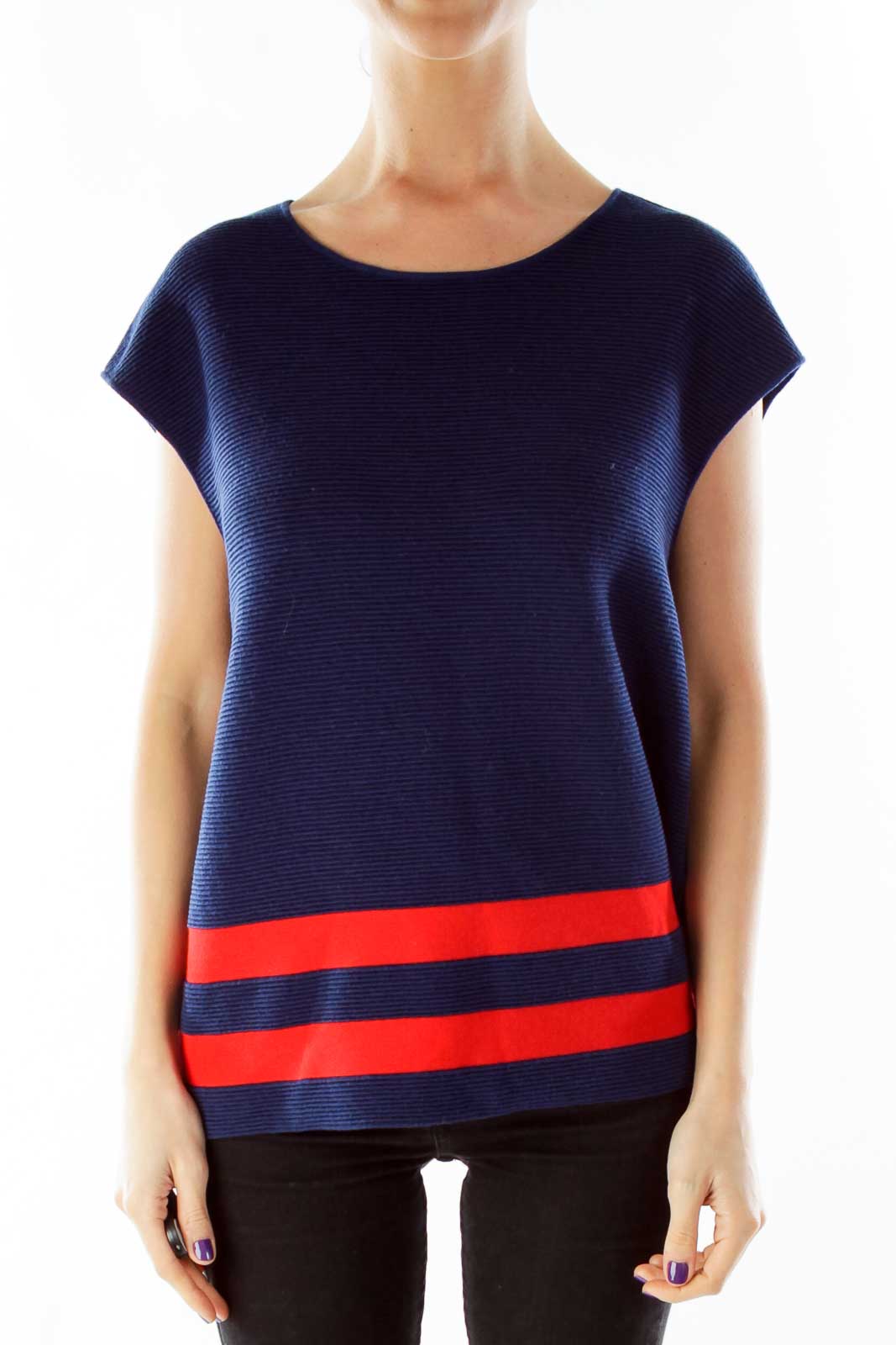 Navy Red Fitted Knit Top