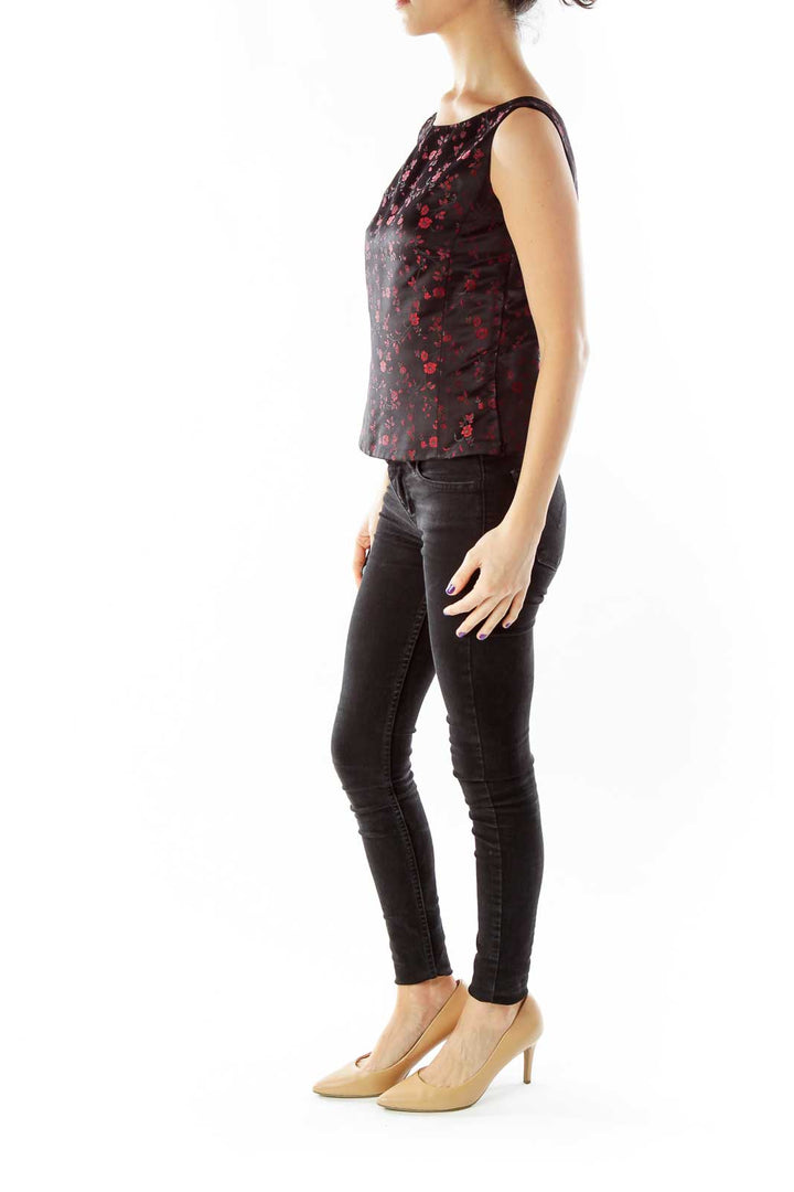 Black Red Embroidered Flower Tank
