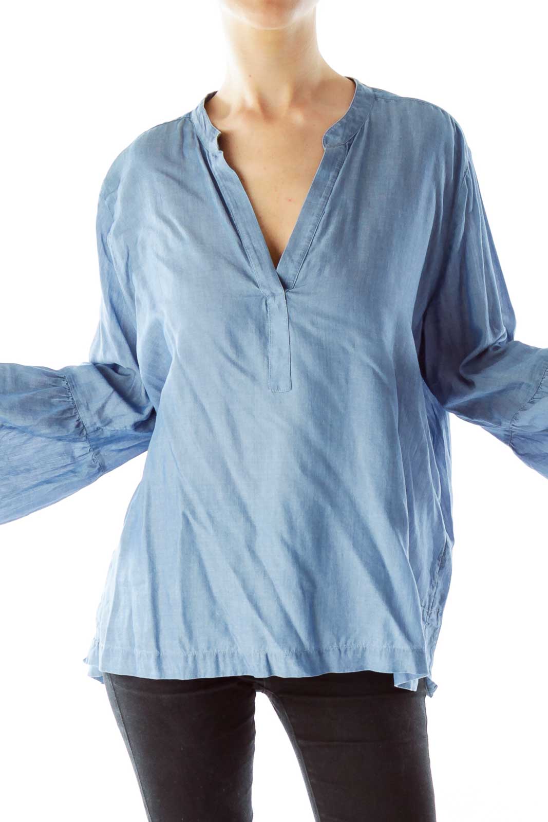 Navy Bell Sleeve V-neck Denim Blouse
