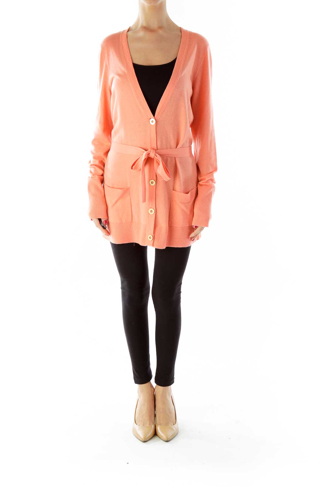 Peach Buttoned V-Neck Pocketed Cardigan