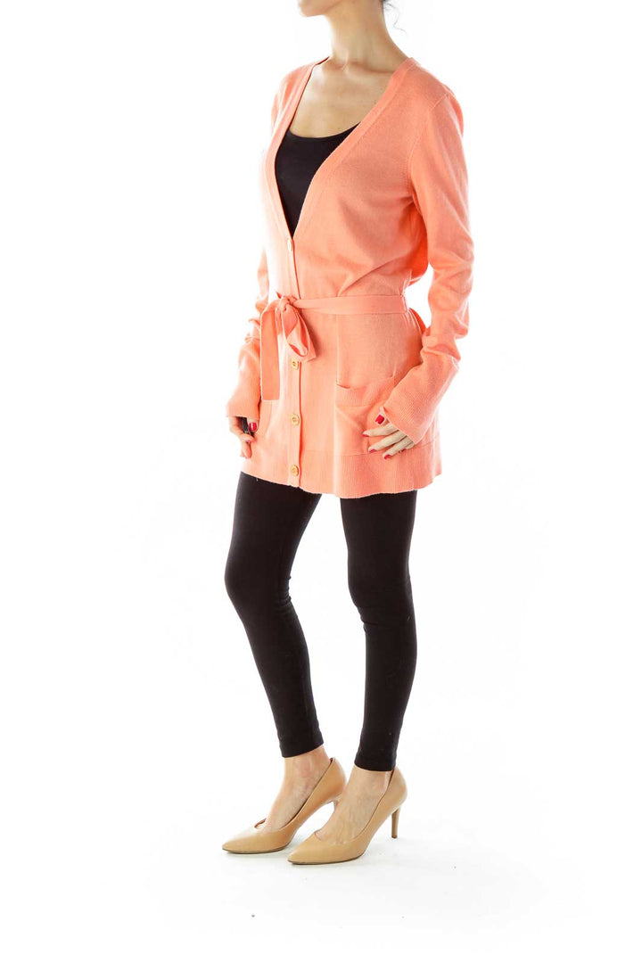 Peach Buttoned V-Neck Pocketed Cardigan