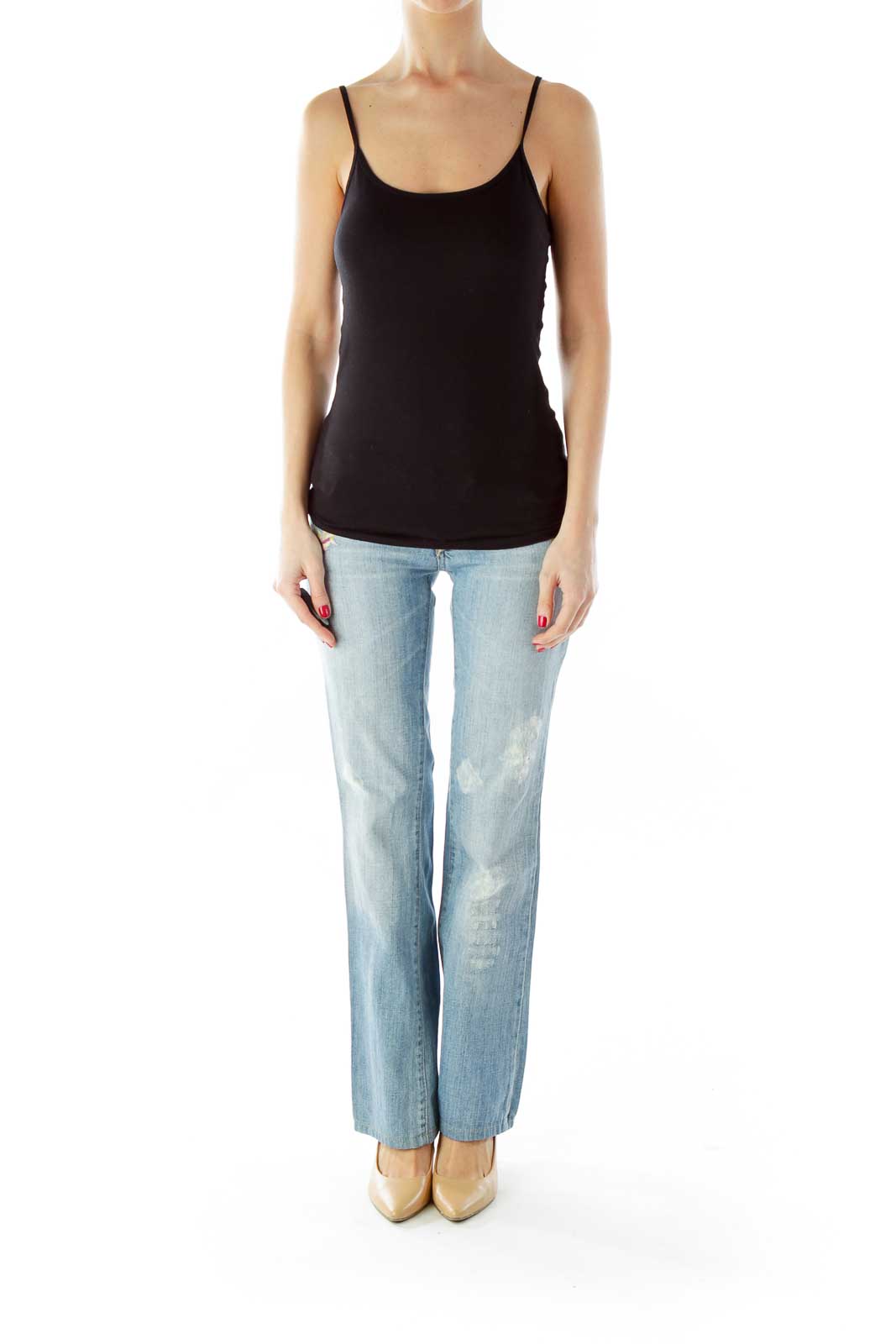 Blue Multicolor Flower Embroidered Distressed Jeans
