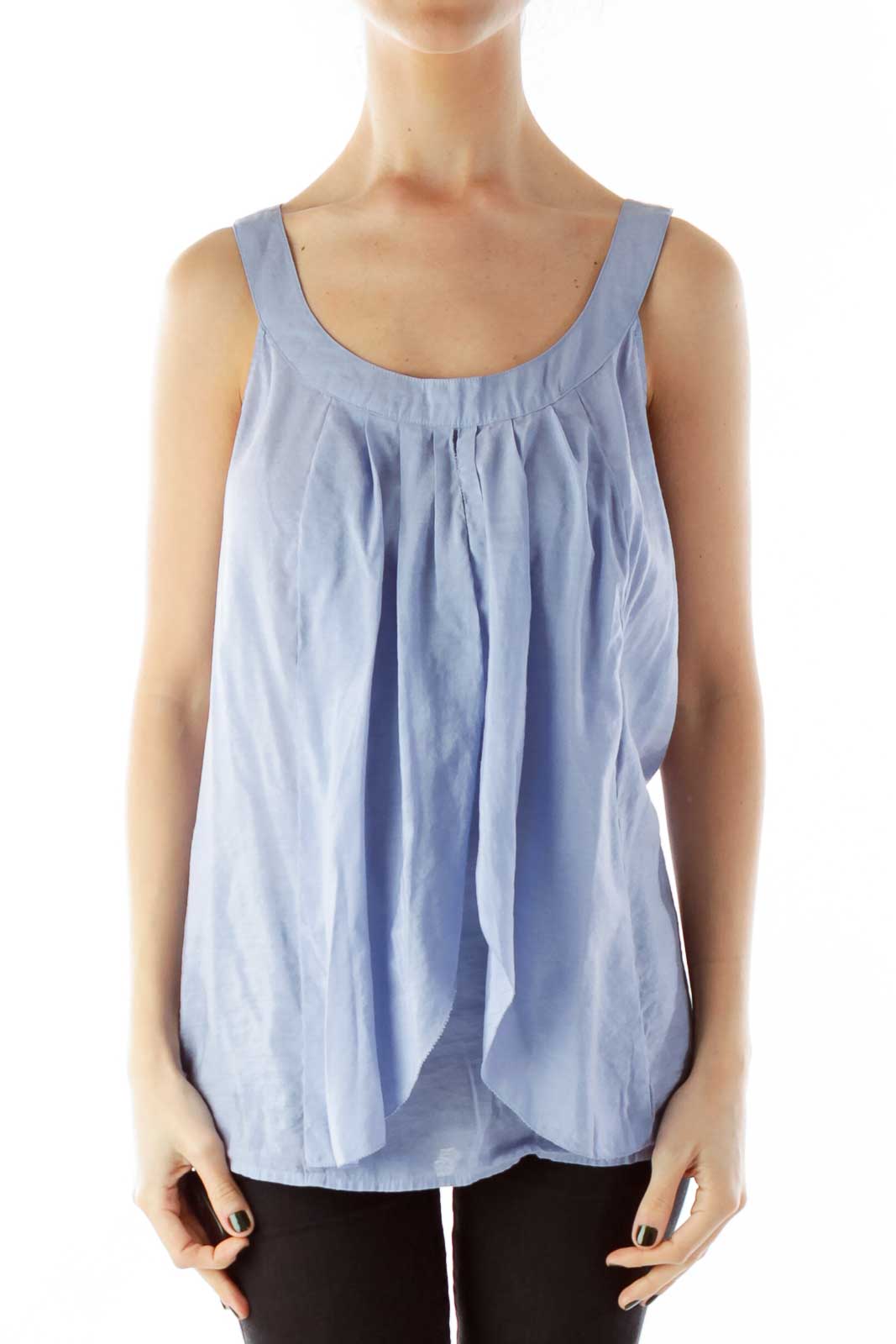 Blue Pleated Round-Neck Tank Top