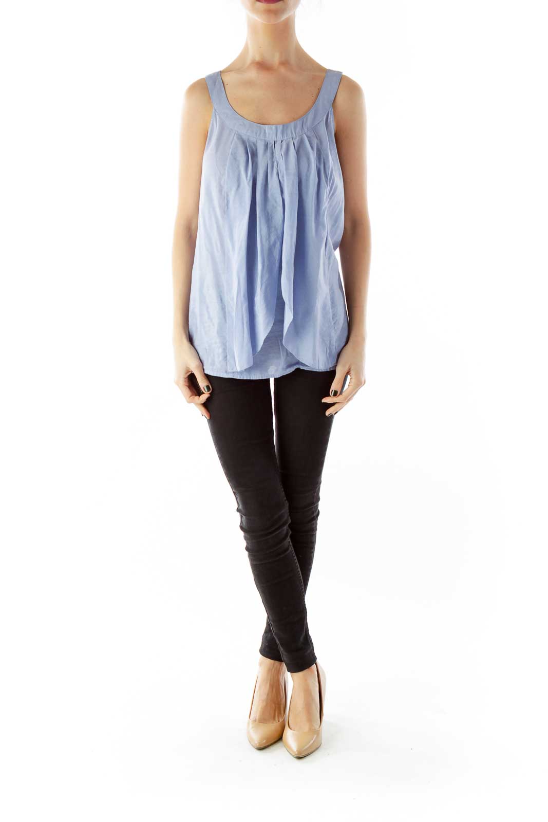 Blue Pleated Round-Neck Tank Top