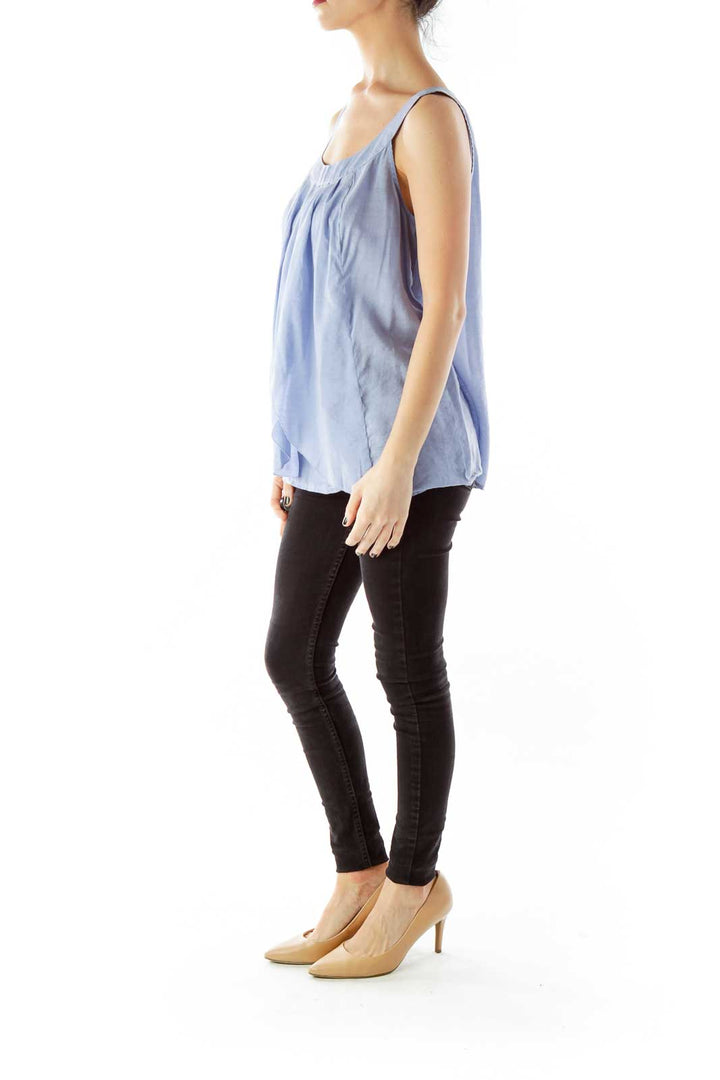Blue Pleated Round-Neck Tank Top