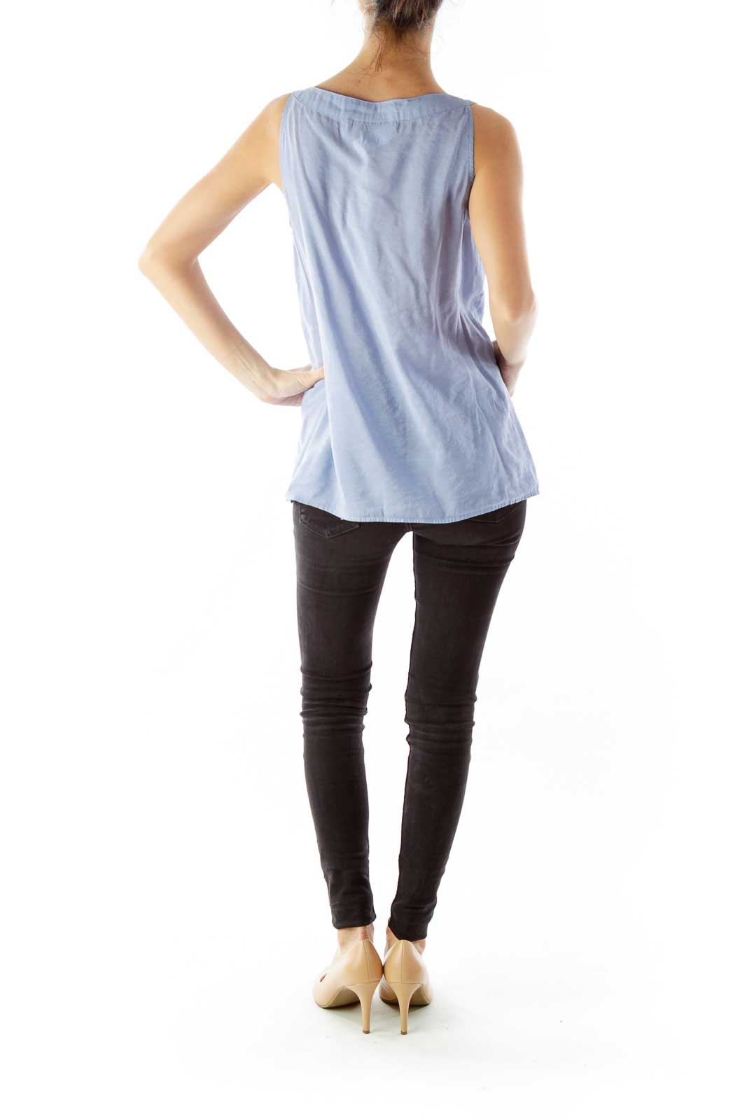 Blue Pleated Round-Neck Tank Top