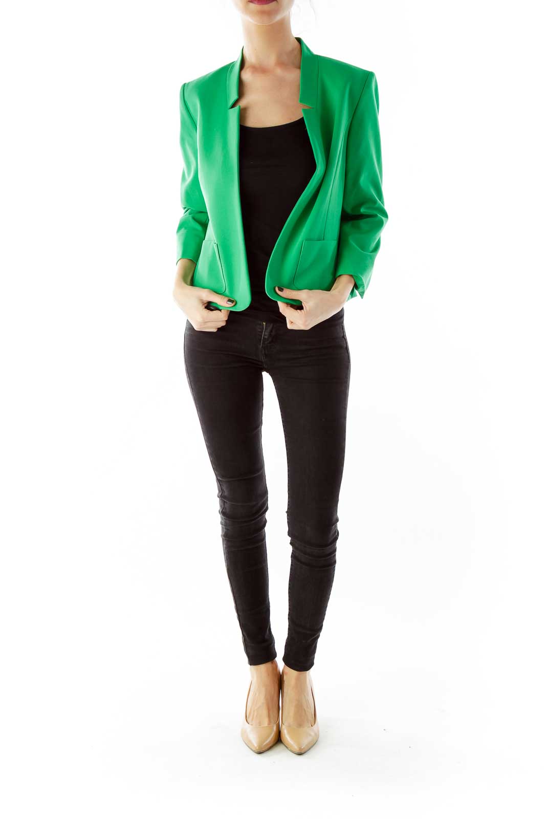 Green Open-Front Three Quarter Sleeve Jacket