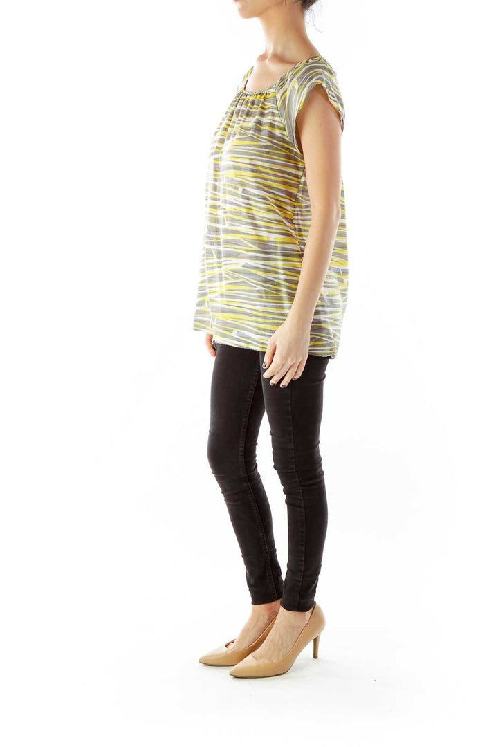 Gray Yellow White Stripped Round-Neck Blouse