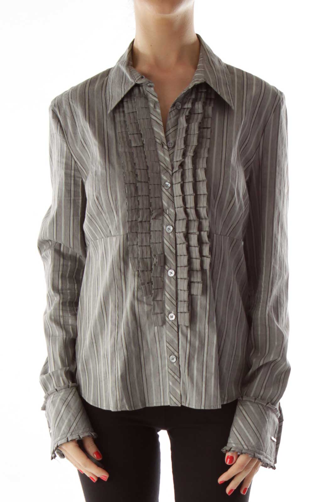 Gray Pinstriped Ruffled Button Up