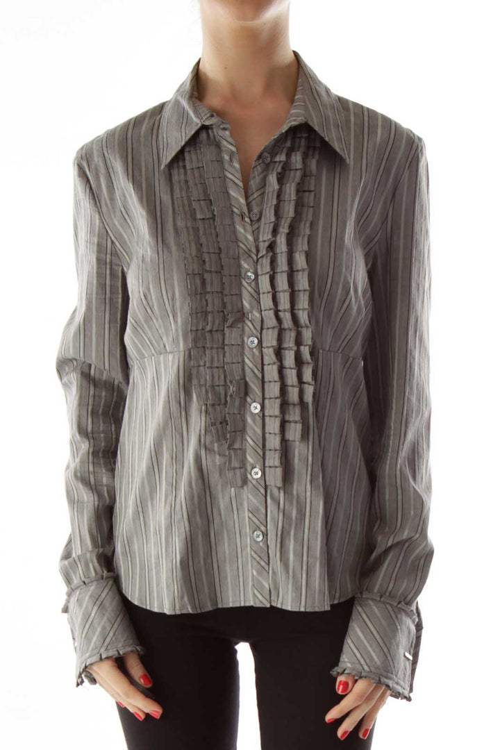 Gray Pinstriped Ruffled Button Up