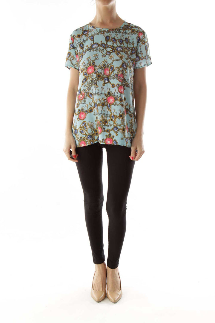 Blue Multicolor Print Loose Blouse