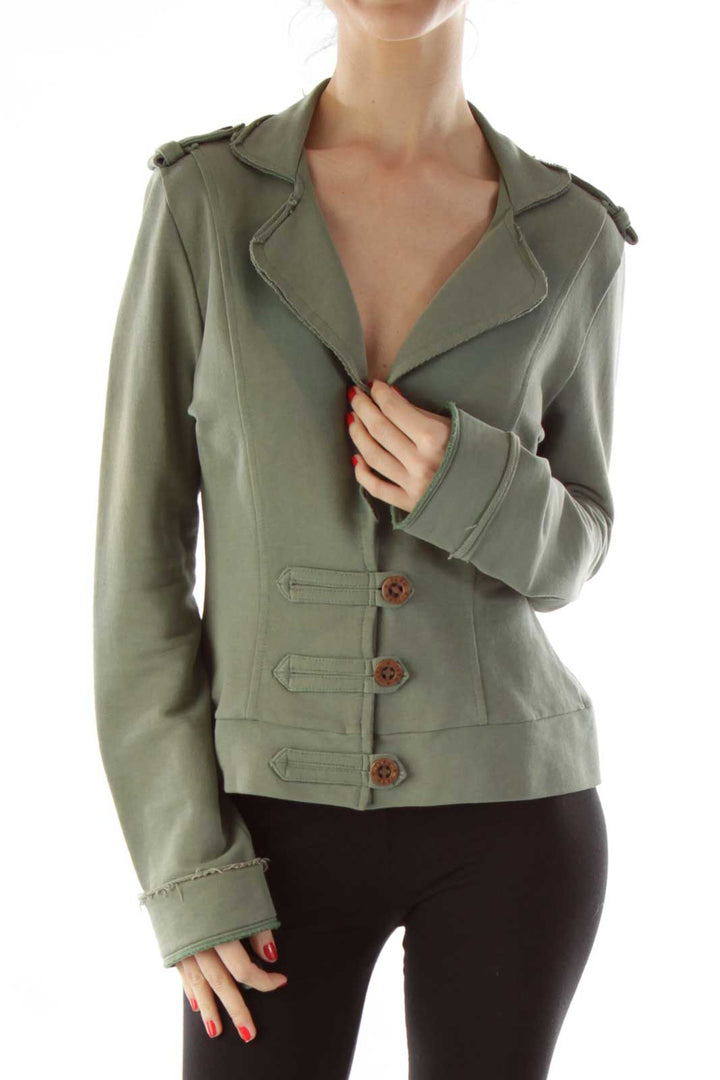Green Buttoned Distressed Fitted Jacket