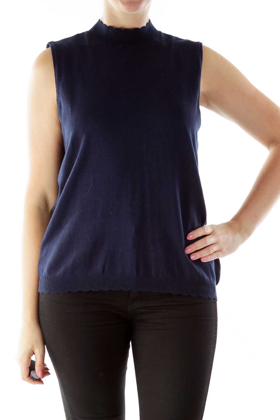Navy Scalloped Turtleneck Sleeveless Top