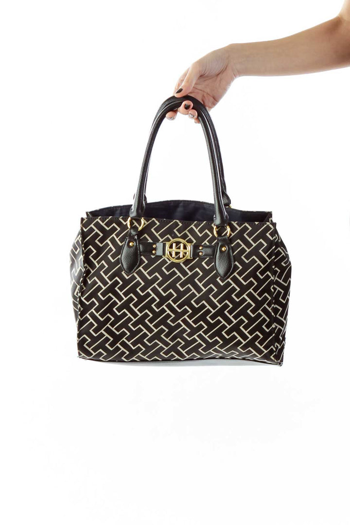 Brown Beige Gold Geometric Print Pleather Shoulder Bag