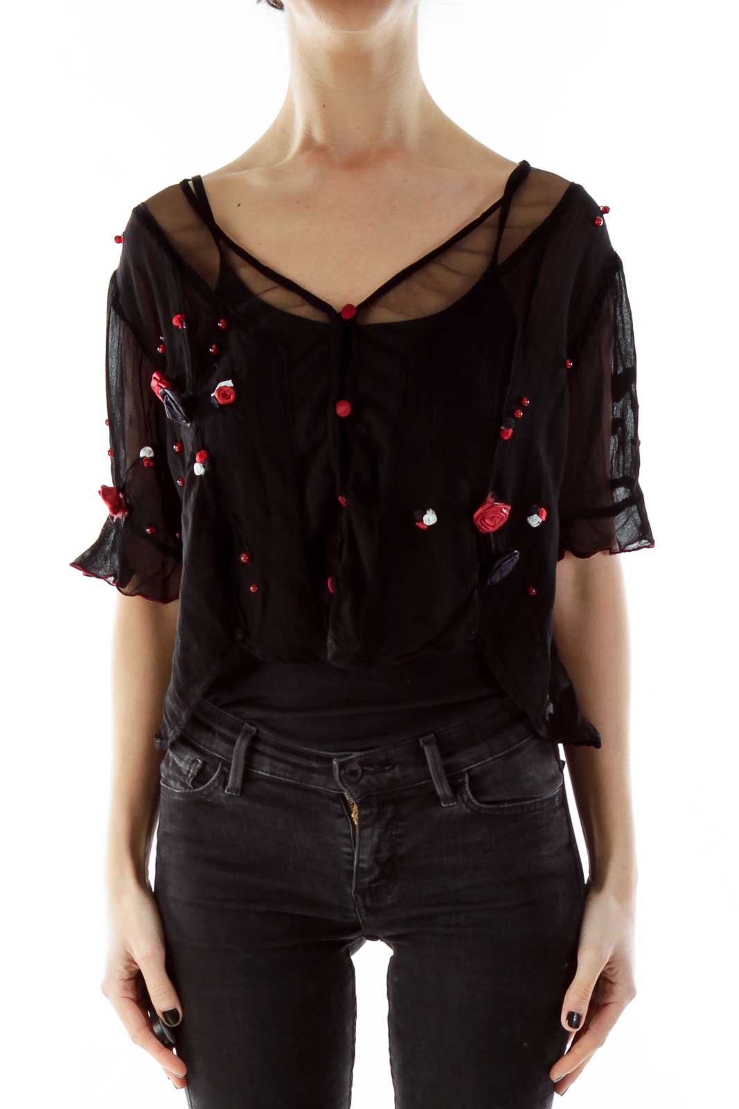 Black Beaded Flower Buttoned Blouse