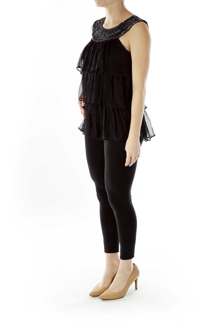 Black Beaded Ruffled Silk Top