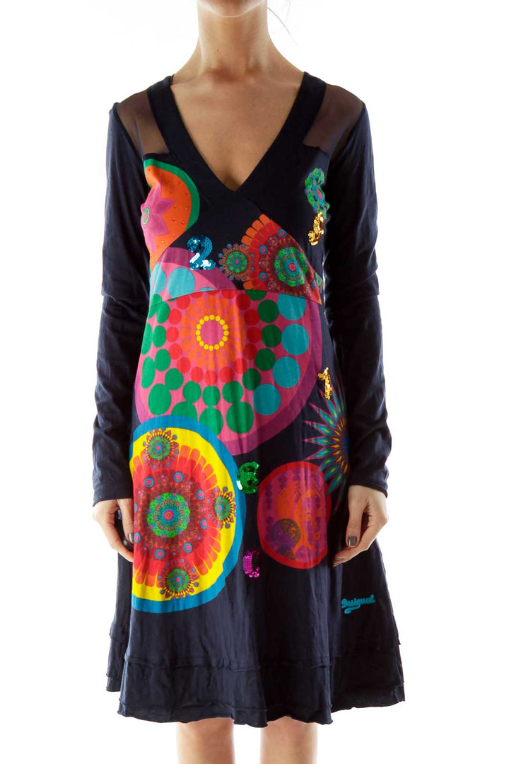 Navy Sequin Detail Long Sleeve Dress