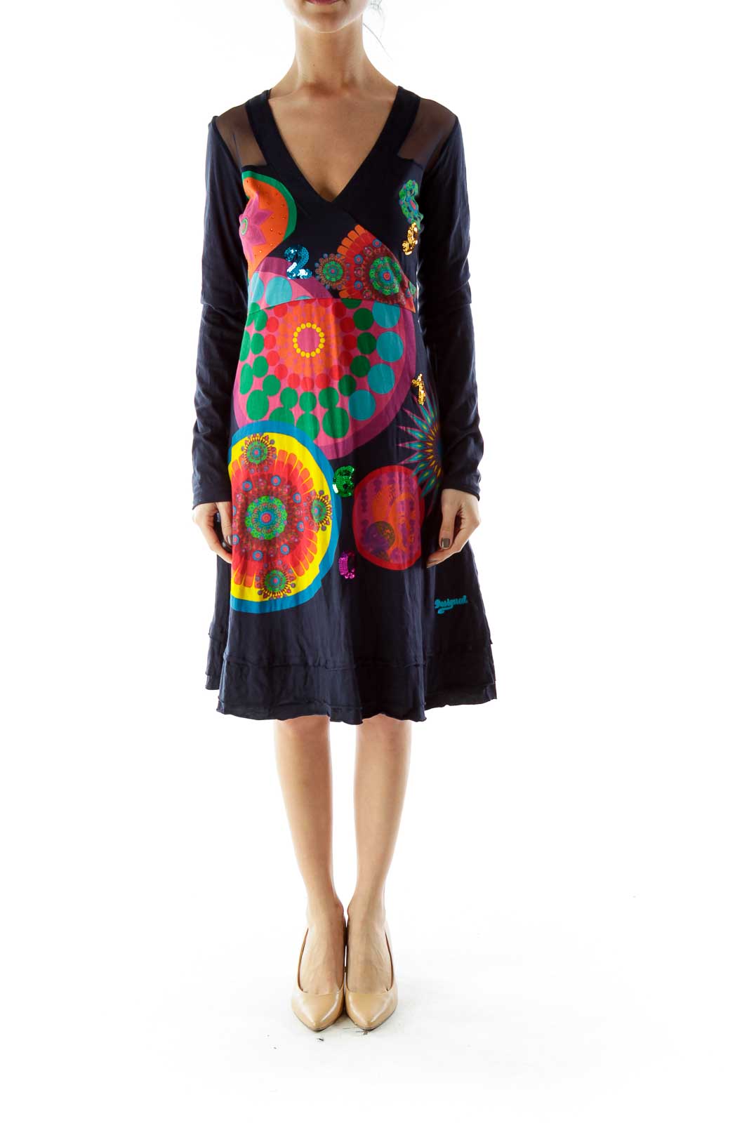 Navy Sequin Detail Long Sleeve Dress